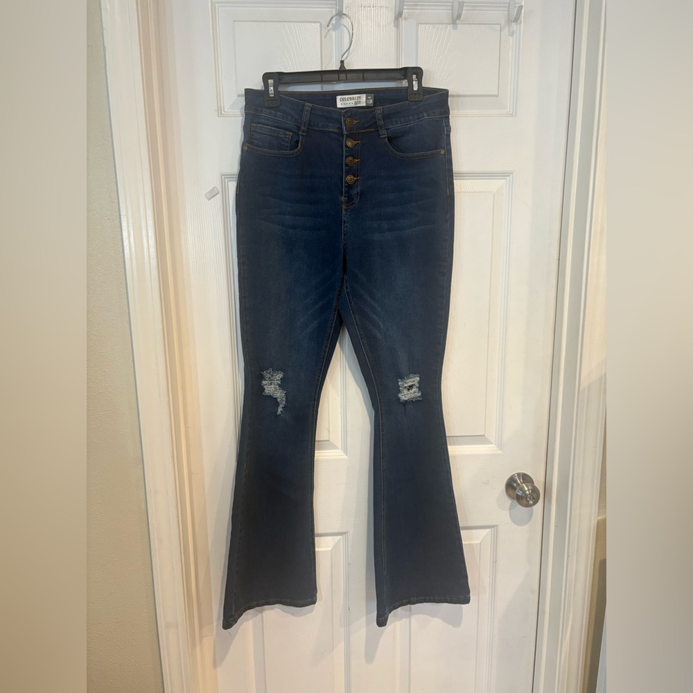 Dark Blue Flare Jeans with Distressed Details - Picture 1 of 6